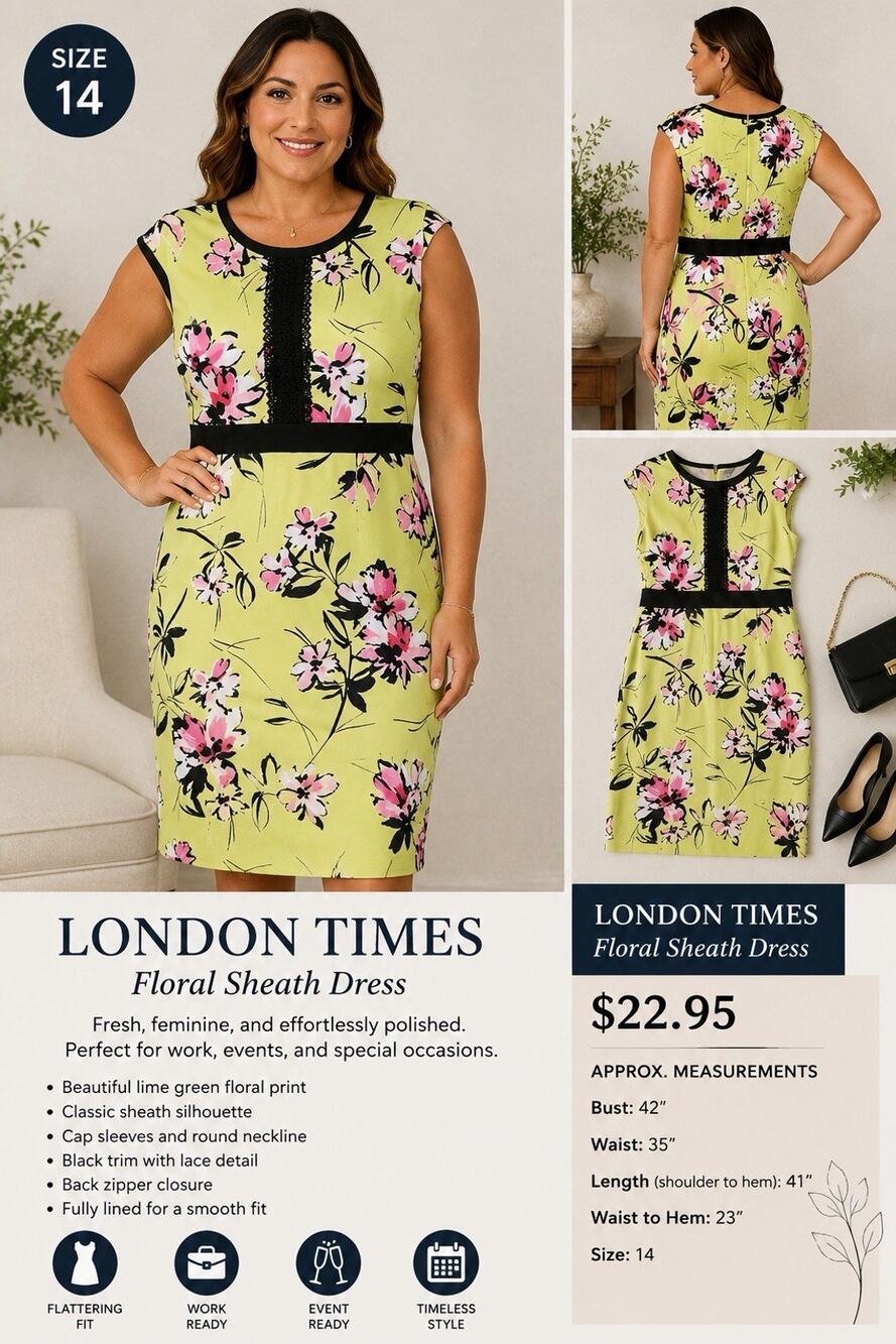London Times Size 14 Sheath Dress Floral lime green/black/pink EUC Midi Career